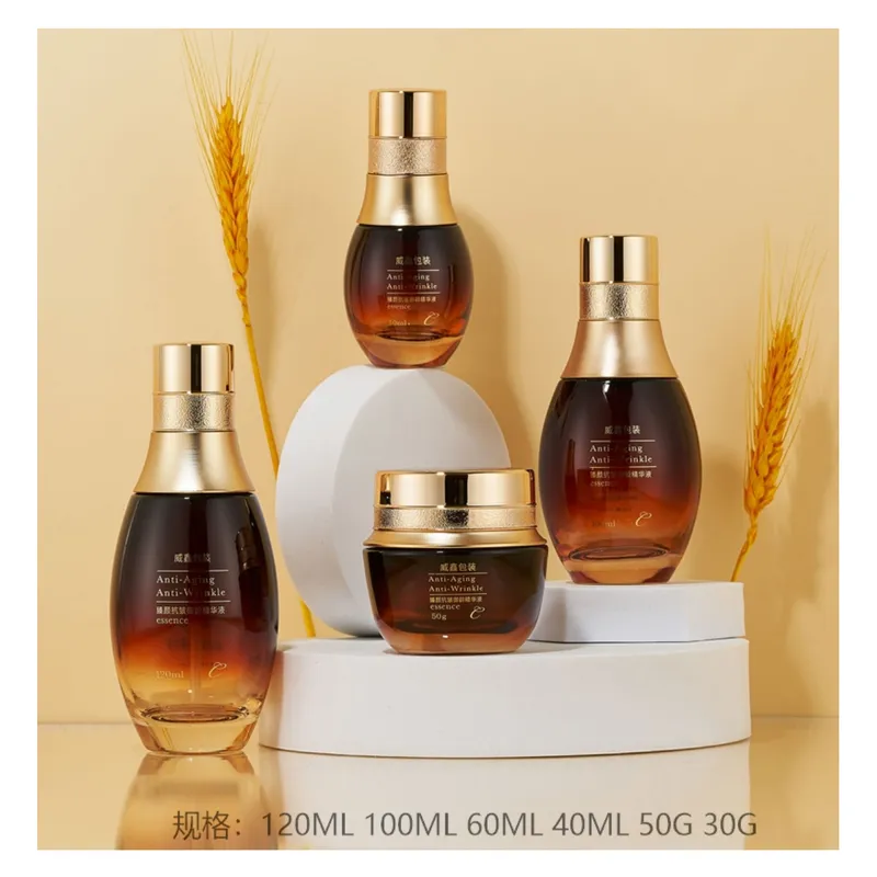 Bộ chai + hũ thủy tinh nâu hổ phách dáng bầu – mã NXG0457