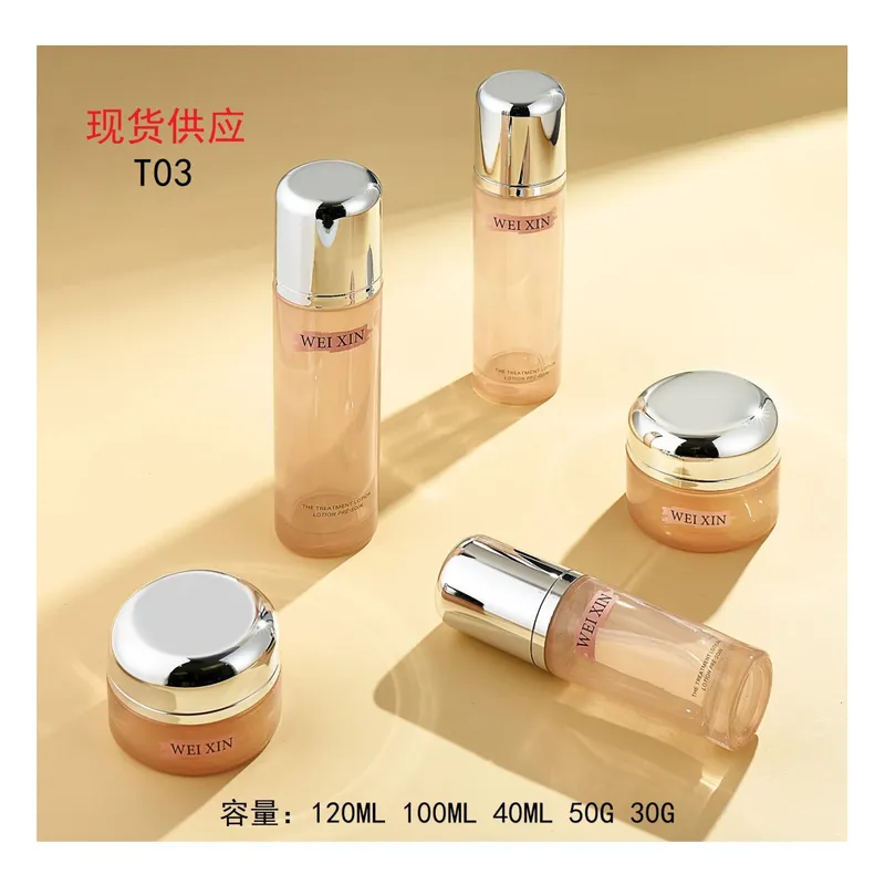 Bộ chai + hũ thủy tinh hồng cam nắp bạc – mã NXG0498