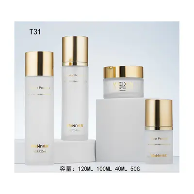 Bộ chai + hũ thủy tinh trắng mờ nắp vàng T31 – mã NXG0507