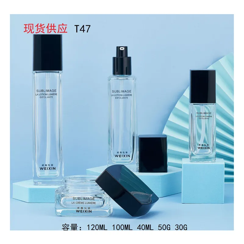 Bộ chai + hũ thủy tinh trong nắp đen vuông T47 – mã NXG0514