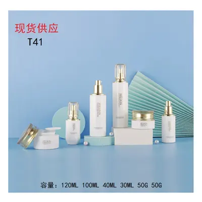 Bộ chai + hũ thủy tinh trắng nắp vàng T41 – mã NXG0518