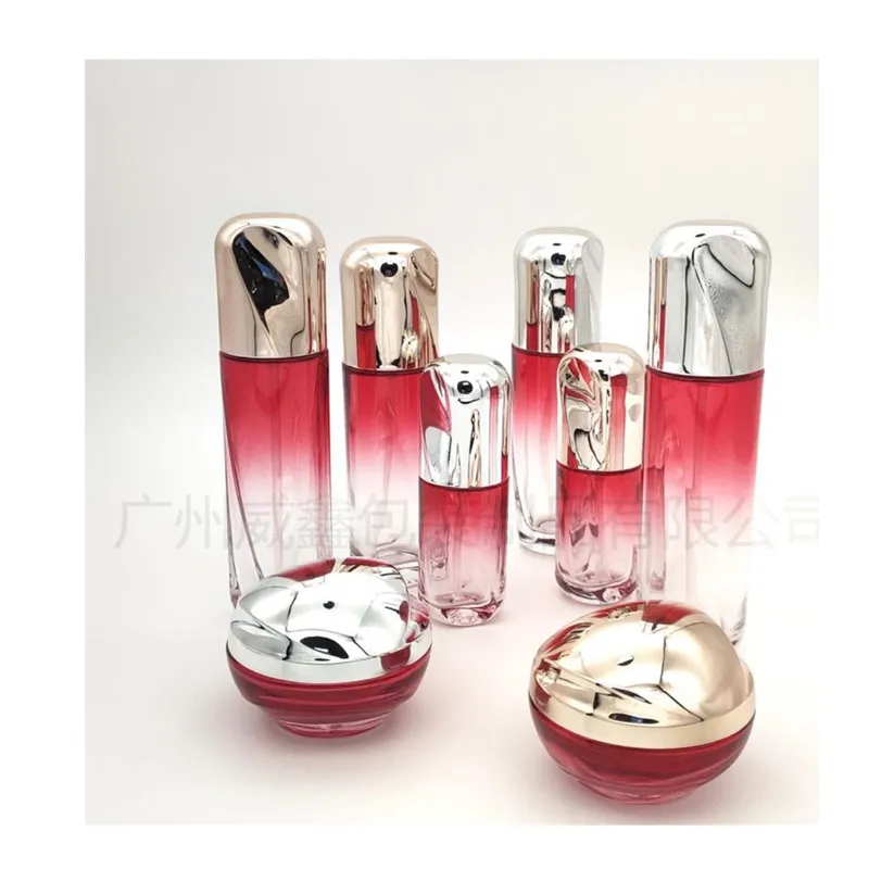 Bộ chai + hũ thủy tinh đỏ chuyển trong nắp bạc cầu – mã NXG0546