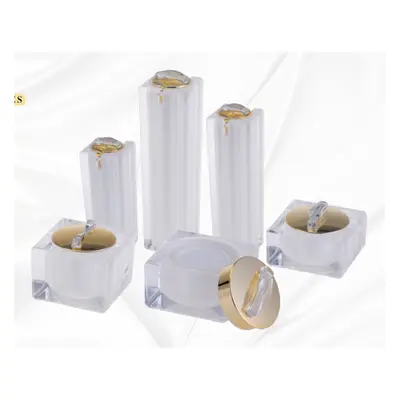 Bộ chai + hũ acrylic vuông trắng viền vàng – mã NXP0770